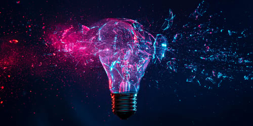 Exploding lightbulb with pink and blue neon lighting