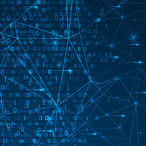 Abstract blue digital technology background with binary code numbers, interconnected network lines, and geometric patterns representing data connectivity and digital transformation.