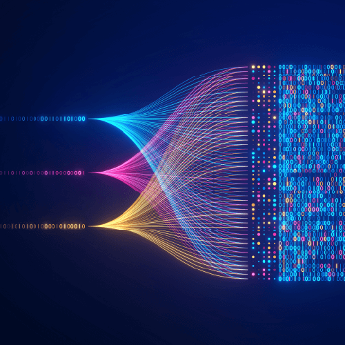 Abstract digital data visualization showing colorful flowing lines in blue, pink, and yellow converging from binary code streams on the left into a complex data matrix on the right, representing data transformation and analysis against a dark blue background.