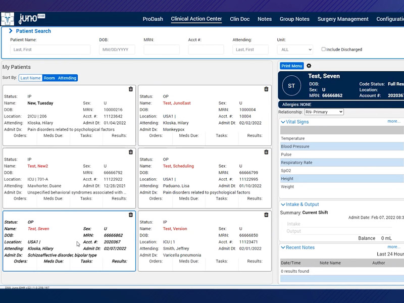 Juno EHR Clinical Action Center dashboard screenshot