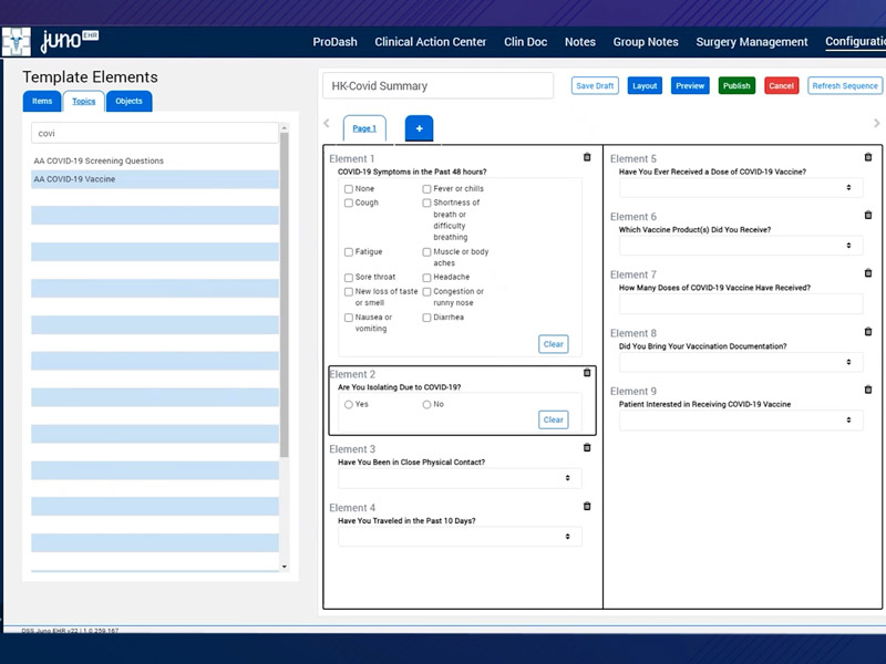 Juno EHR Clinical Content Builder dashboard screenshot